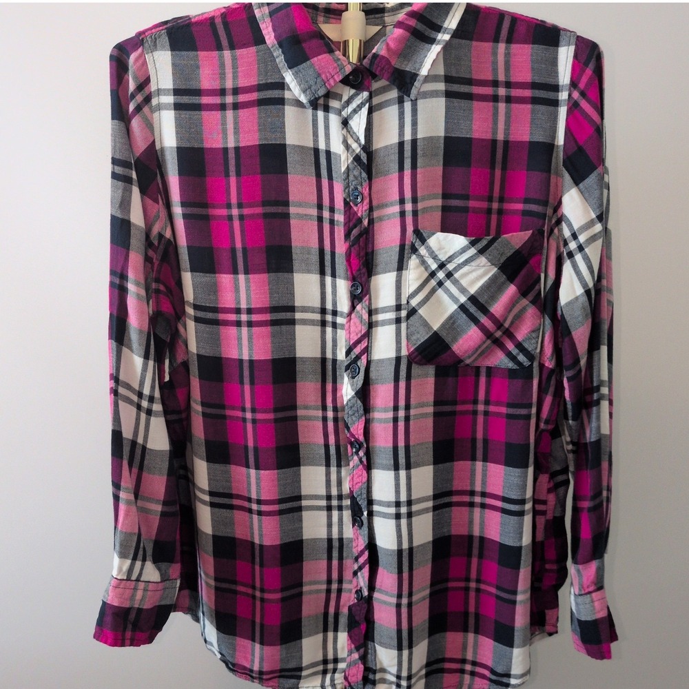 Terra & Sky Button Down Shirt Womens 0X Pink Black Plaid High-Low 100% Viscose